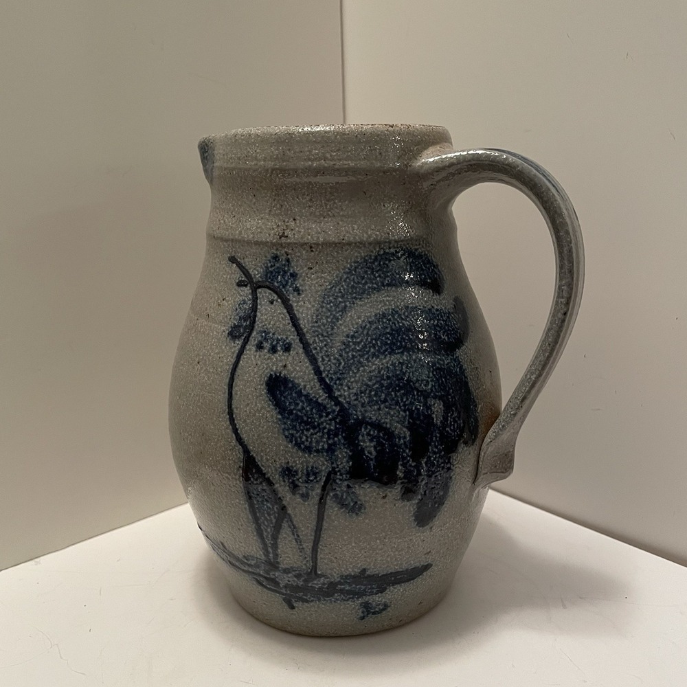 Vintage 1986 Rowe Pottery Works Salt Glaze Stoneware Pitcher Rooster Motif